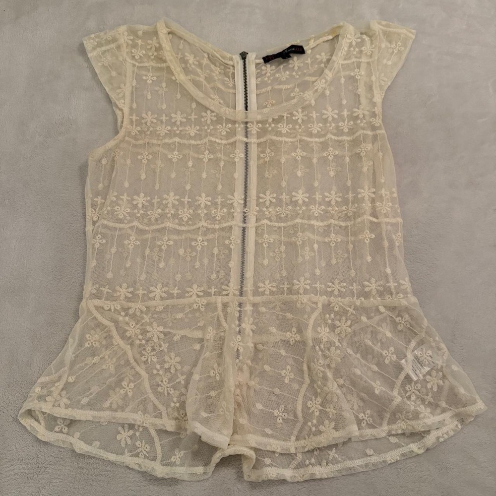 Heart Soul Cream Sheer Lace Mesh Babydoll Peplum Top Floral Embroidery Size XL